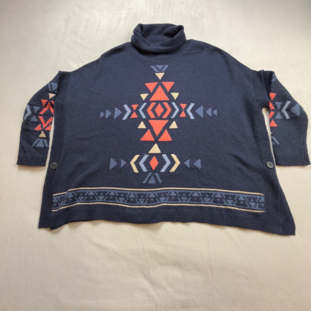 JJill Aztec Tribal Knit Funnel Neck Turtleneck Poncho Sweater‎ Women's XS Petite